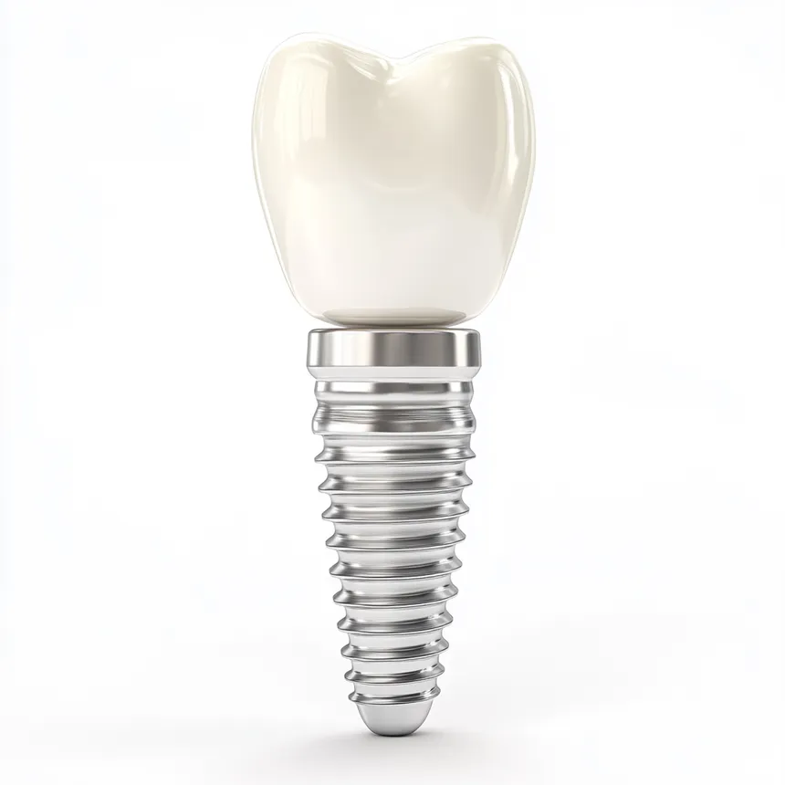 Dental implant model showing titanium post and crown restoration